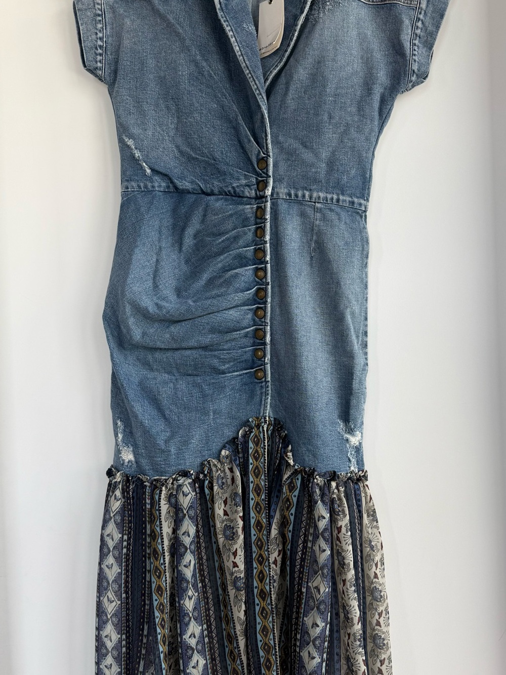 Intervened Retrofete denim Button-Front Maxi Dress with Patterned Hem - Blue